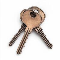 Two old worn keys lying on white background photo
