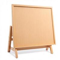 Clean, empty wooden easel on a white background, ideal for presentation mockups photo