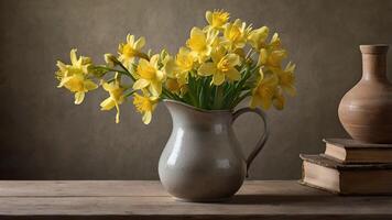 Springtime Still Life Yellow Daffodils in Rustic Pitcher photo