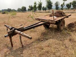 A bullock cart stands in a rural field, loaded with dried hay. Its aged frame and worn tires hint at years of agricultural use, set against a backdrop of open fields and scattered trees. photo