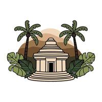 Ancient temple with palm trees and mountains illustration vector