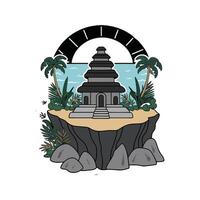 A temple on a rock with palm trees and water vector