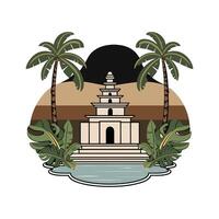 An image of a temple with palm trees and water vector
