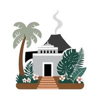 A building with a palm tree and a volcano vector