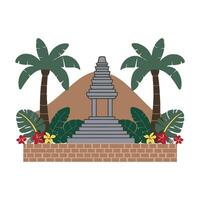 An illustration of a temple with palm trees and a mountain vector