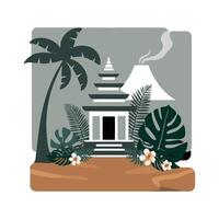 An illustration of a temple with palm trees and a volcano vector