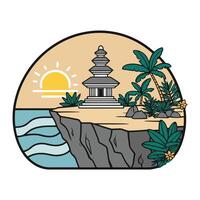 A temple on the island with palm trees and a sunset vector