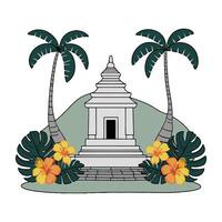 A temple with palm trees and flowers on a hill vector
