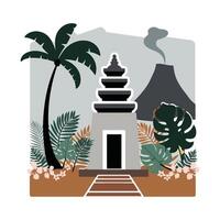 A temple with palm trees and a volcano vector