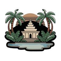 An image of a temple with palm trees and water vector