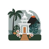 An illustration of a temple with palm trees and flowers vector