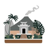An illustration of a house with palm trees and a volcano vector