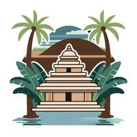 An illustration of a temple with palm trees and water vector