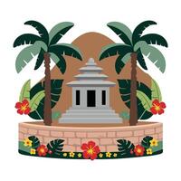 A temple with palm trees and flowers in front of it vector