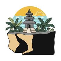 A temple on a cliff with palm trees and a sun vector