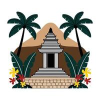 A temple with palm trees and flowers on a white background vector