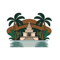 A temple with palm trees and water in the background vector