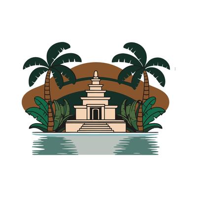 A temple with palm trees and water in the background