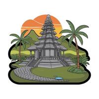 A temple with palm trees and mountains in the background vector