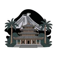 A pagoda with palm trees and a volcano in the background vector