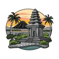 A temple and palm trees in front of a mountain vector