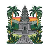 An image of a temple with palm trees and a sunset vector