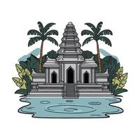 An illustration of a temple in the middle of a lake vector