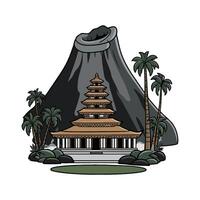 A temple with palm trees and a volcano in the background vector