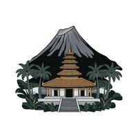 A pagoda and palm trees in front of a mountain vector