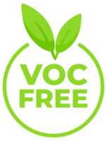 Set of green badges with the text VOC Free and a leaf icon, representing products that do not contain volatile organic compounds. png