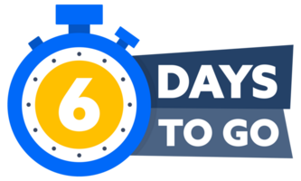 6 Days to go. Countdown timer. Countdown left days banner. Sale or promotion timer, alarm clock png