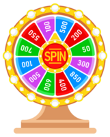 Vibrant prize wheel with various score sections and a central spin button, surrounded by lights, ideal for games and promotions png