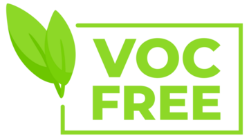 Set of green badges with the text VOC Free and a leaf icon, representing products that do not contain volatile organic compounds. png