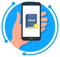 Hand is holding a smartphone with an ebook displayed on the screen, downloading it for digital reading png