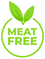 Green label with a Meat Free message and a leaf design, for labeling vegan-friendly food products and alternatives. png