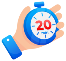 Hand firmly gripping a blue stopwatch set to 20 minutes, with a prominent red highlight on the timer png