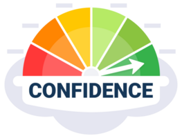 Gauge graphic depicting confidence level with an arrow in the green zone on a white and gray gradient background png