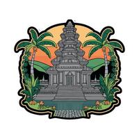 A temple with palm trees and a sunset in the background vector
