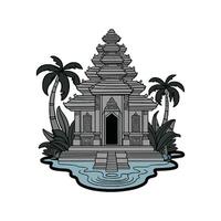 An ancient temple with palm trees and water vector