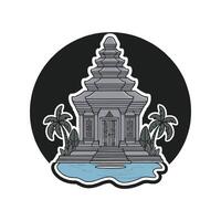 A temple in the middle of a lake with palm trees vector