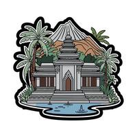 A sticker with a temple and palm trees vector
