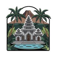 An illustration of a temple with a lake and palm trees vector