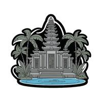 A temple with palm trees and water in the background vector