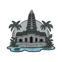 An image of a temple with palm trees and water vector