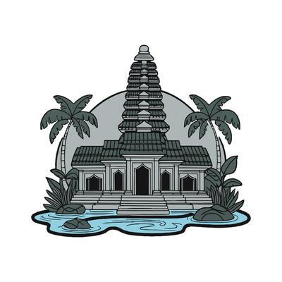 An image of a temple with palm trees and water