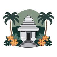 An illustration of a temple with flowers and palm trees vector