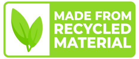 Set of labels indicating products are made from recycled material, featuring a green color scheme and leaf emblem for eco-awareness. png