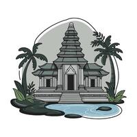 An illustration of a temple with palm trees and water vector