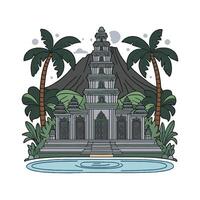 A temple with palm trees and a mountain in the background vector