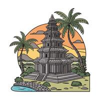 An ancient temple in india with palm trees and a river vector